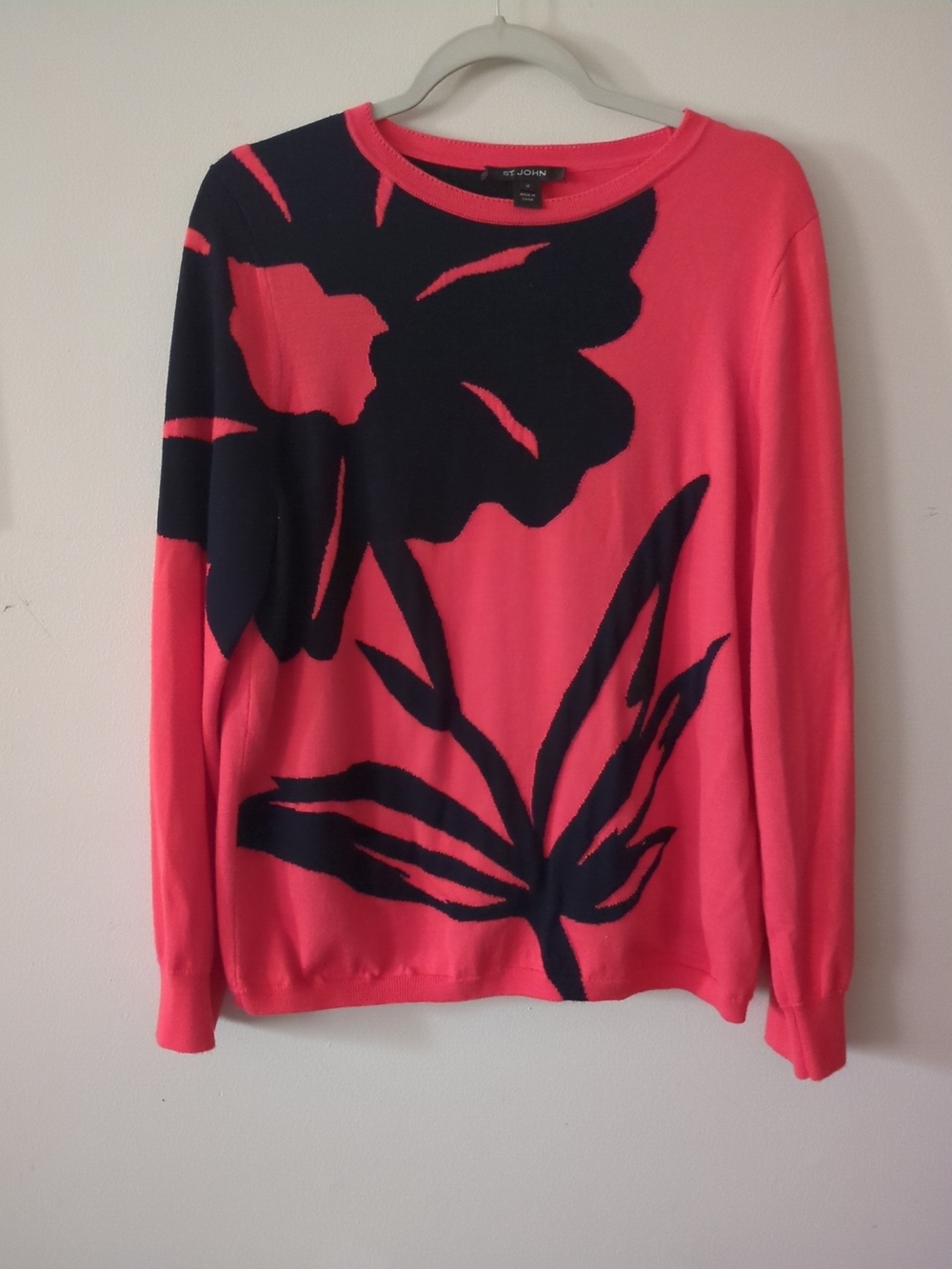 St. John Pink Crewneck Sweater with Navy Floral Intarsia